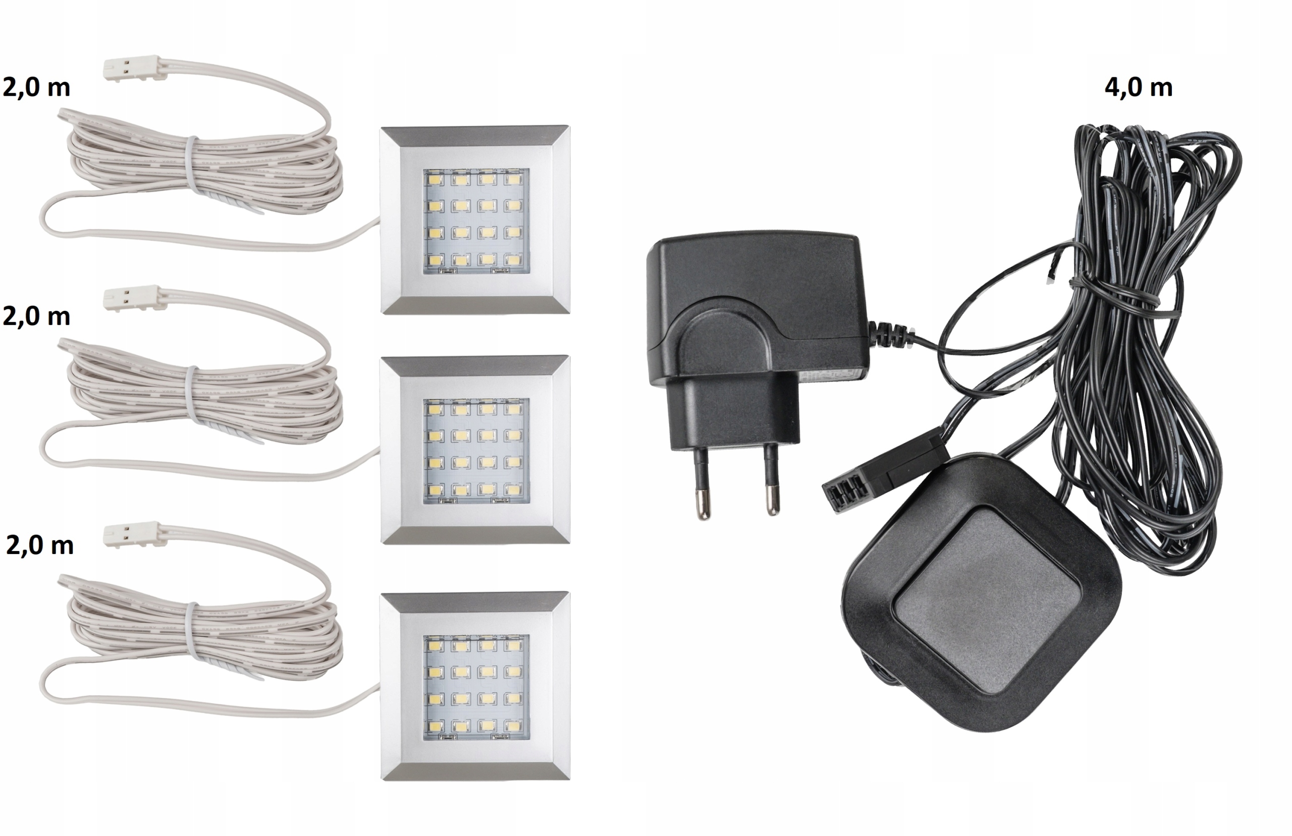 Led osvětlení Square 3 body bílá studená barva s napájecím zdrojem pro výklenky a skříně