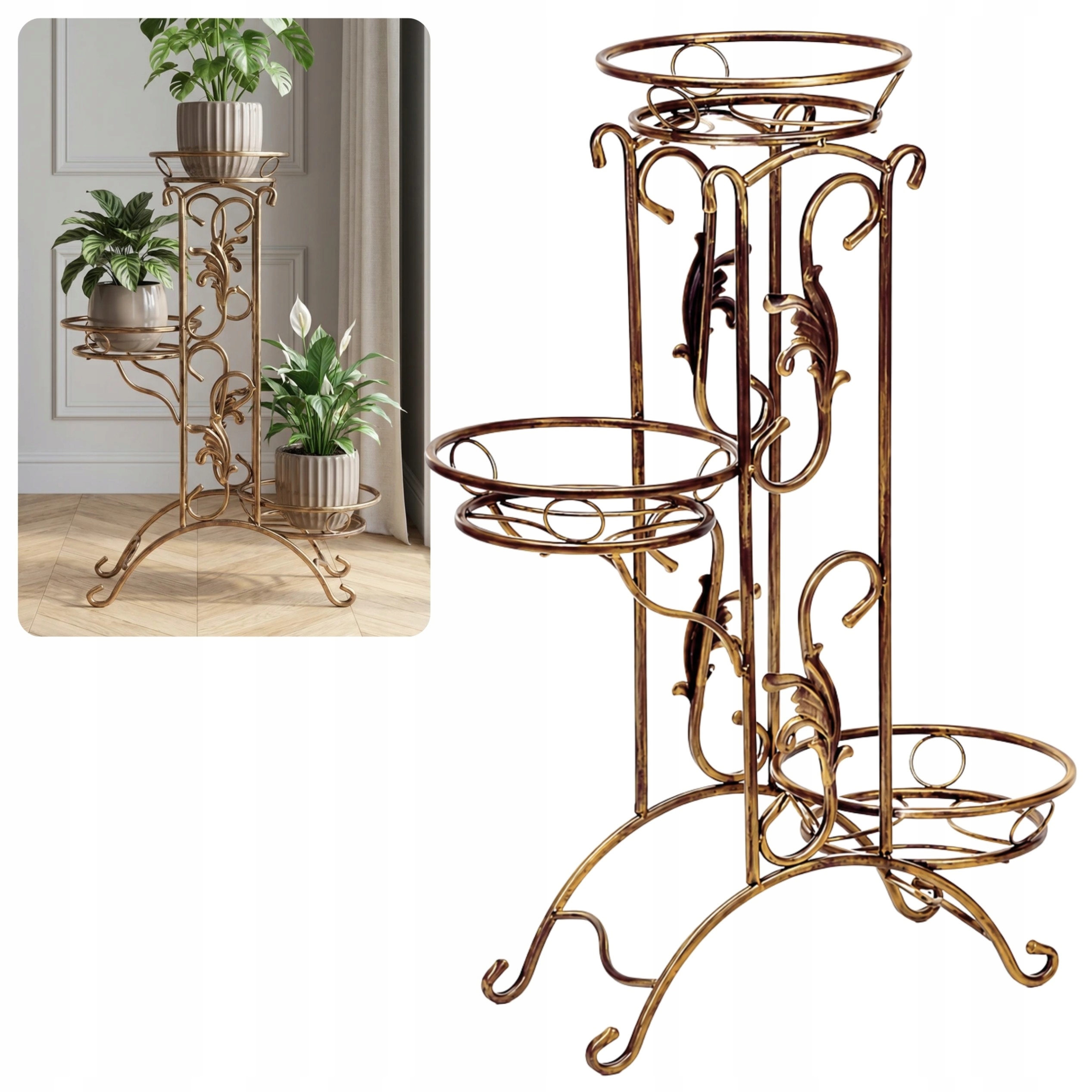 Kwietnik metalowy wysoki złoty Rustic 91 cm stojący 3-doniczki Hgdeco