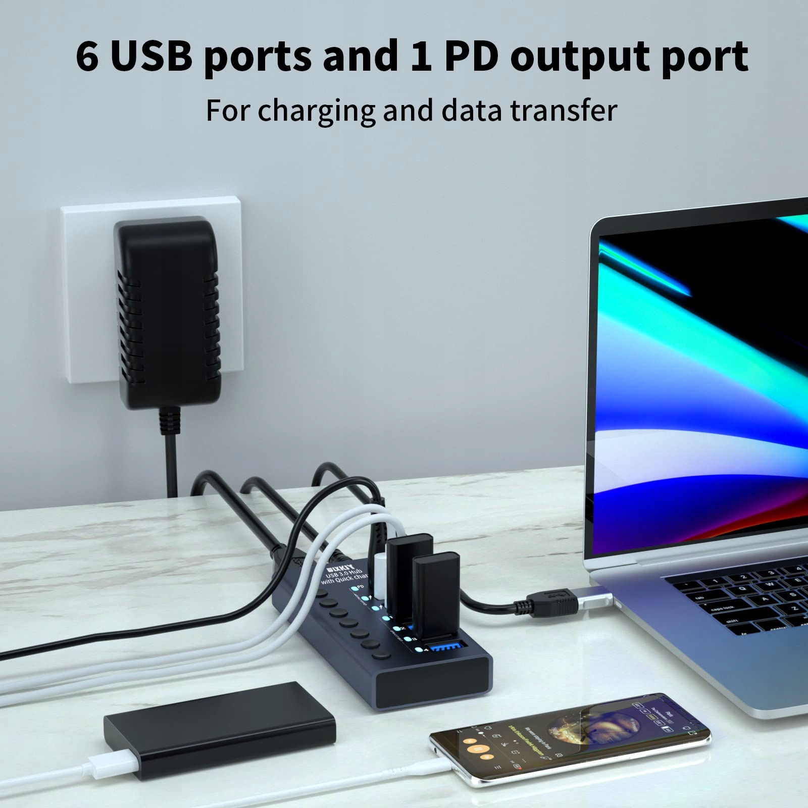 WLXKJY Aluminiowy Hub USB 3.0 7w1, 4 Porty USB 3.0, 3 Ładowarki PD — miniatura 7