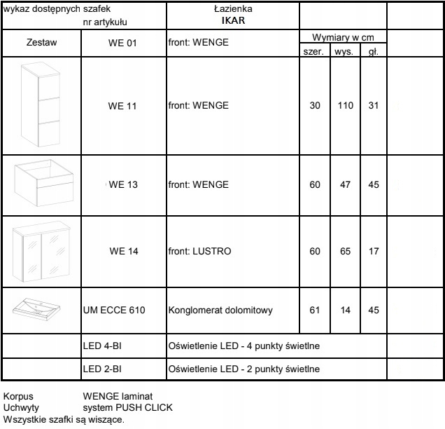 Meble łazienkowe IKAR / lustro / LED Wenge i Biały Wykończenie inne