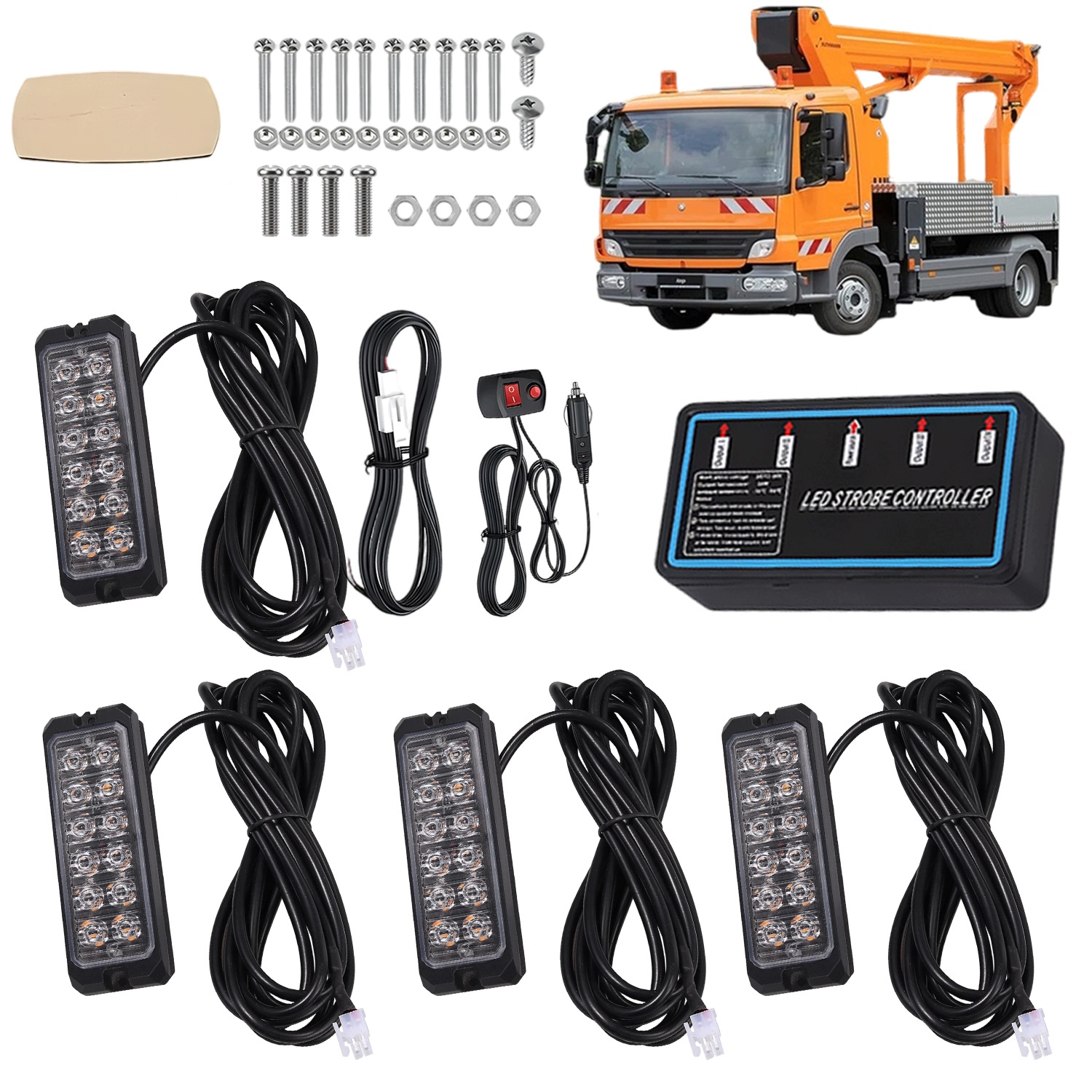 Led Výstražná Lampa 4 Moduly 48W 8 Režimů IP65 12V 24V Žlutá