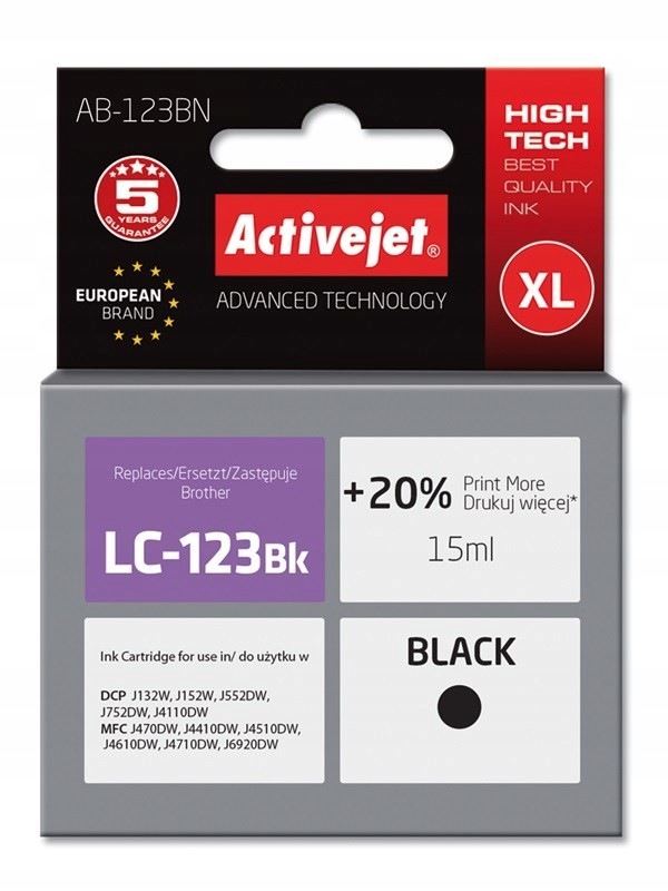 Activejet AB-123BN Tusz (zamiennik Brother LC123BK/121BK Supreme 15 ml
