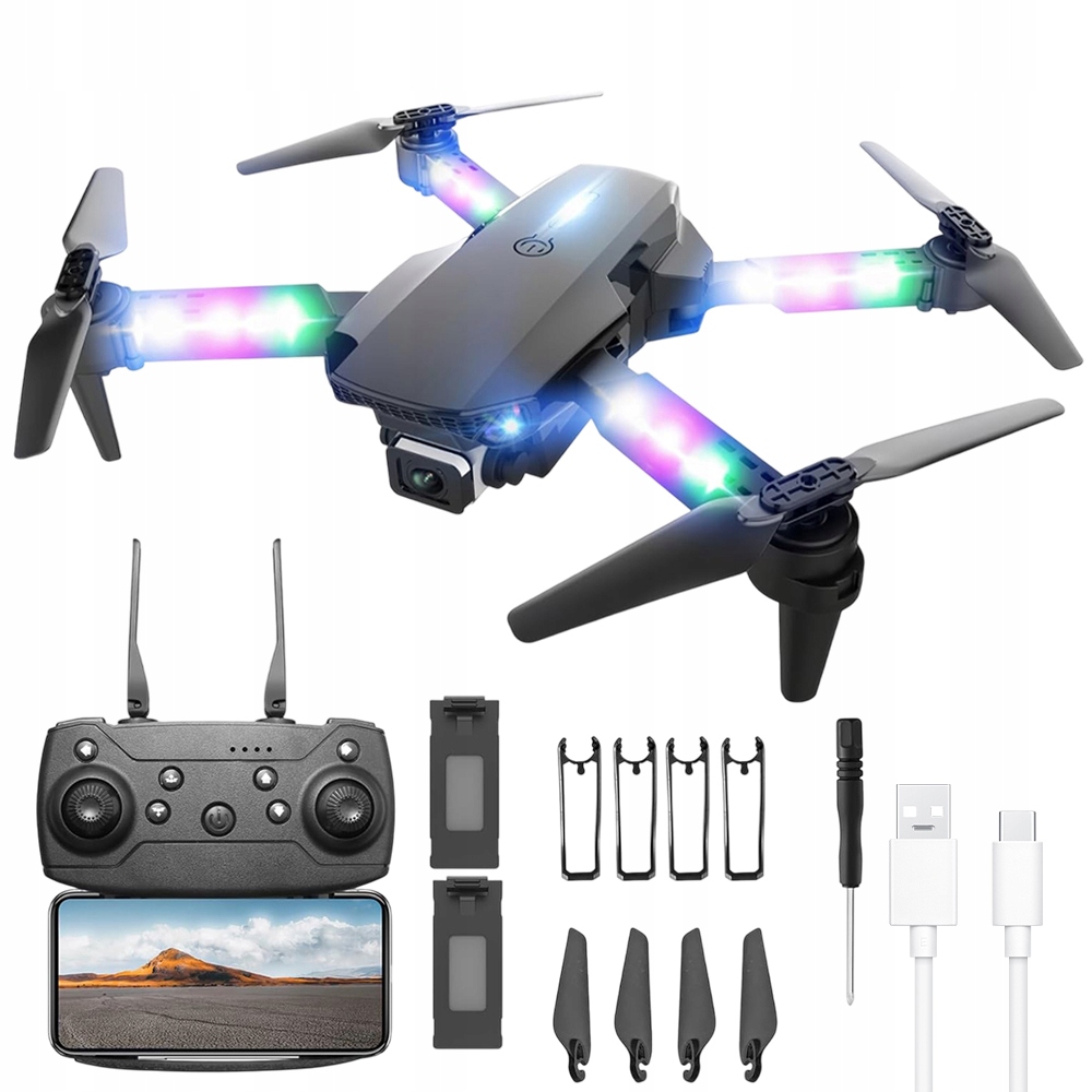 DRON E99D Z KAMERY HD WIFI ZASIĘG 100M RAMIONA ŚWIETLNE LED 2 AKUMULATORY