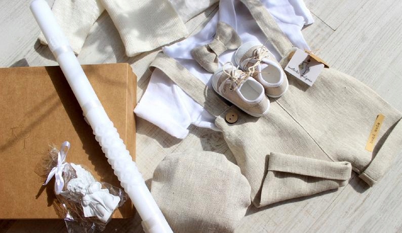 Lniane ubranko do chrztu r.80/5cz(sweterkimalgosia)LATO Kolor brązowy