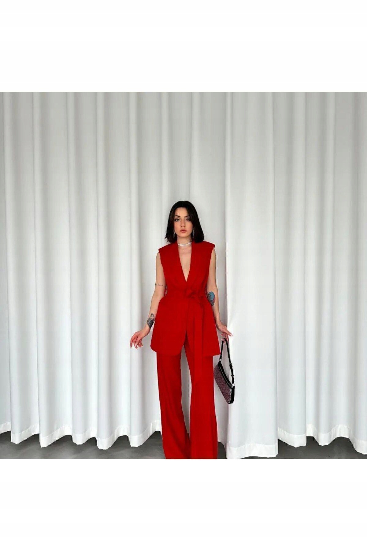 Móda Besi Červená Sako Bez Rukávů S Páskem Elegantní 42 5GA