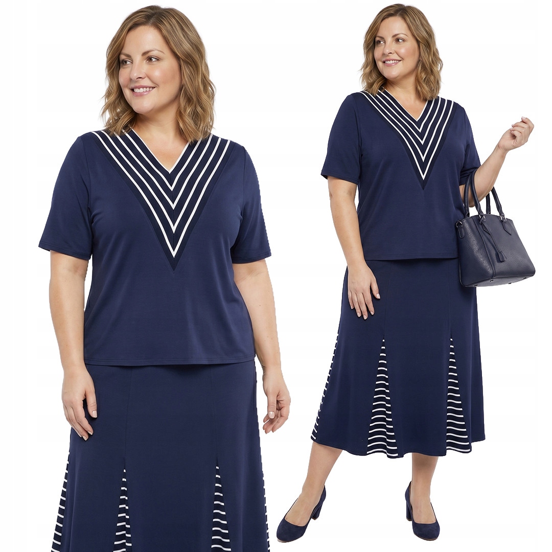 Tmavě modrý komplet s pruhovaným výstřihem plus size velikost 54