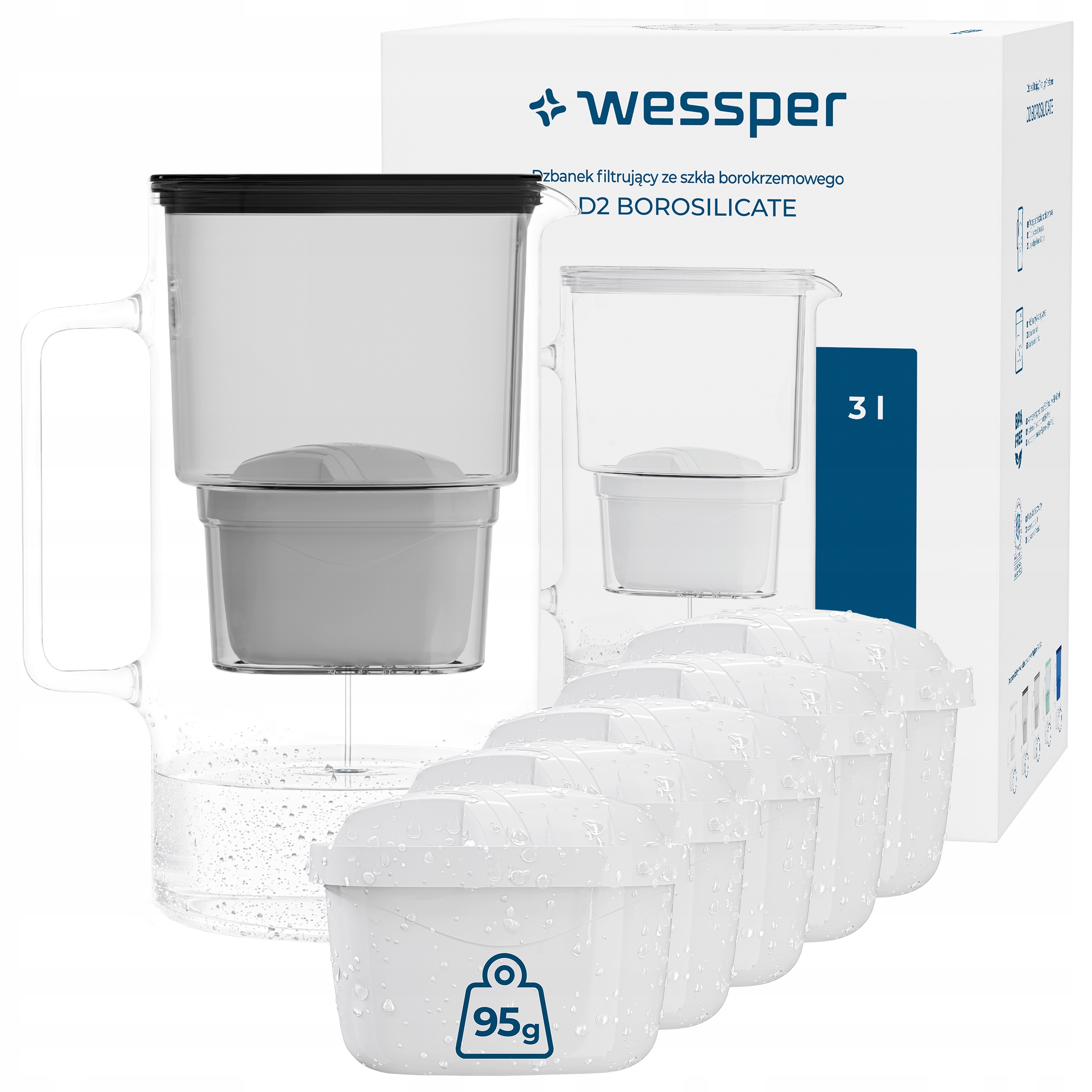 Dzbanek filtrujący szklany Wessper D2 Borosilicate 3l 6x filtr do wody