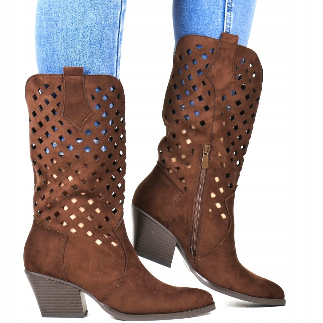 Dámské boty Kovbojské Boty Ažurové Kozačky Hnědé Semišové Módní Vystřihované Nové
