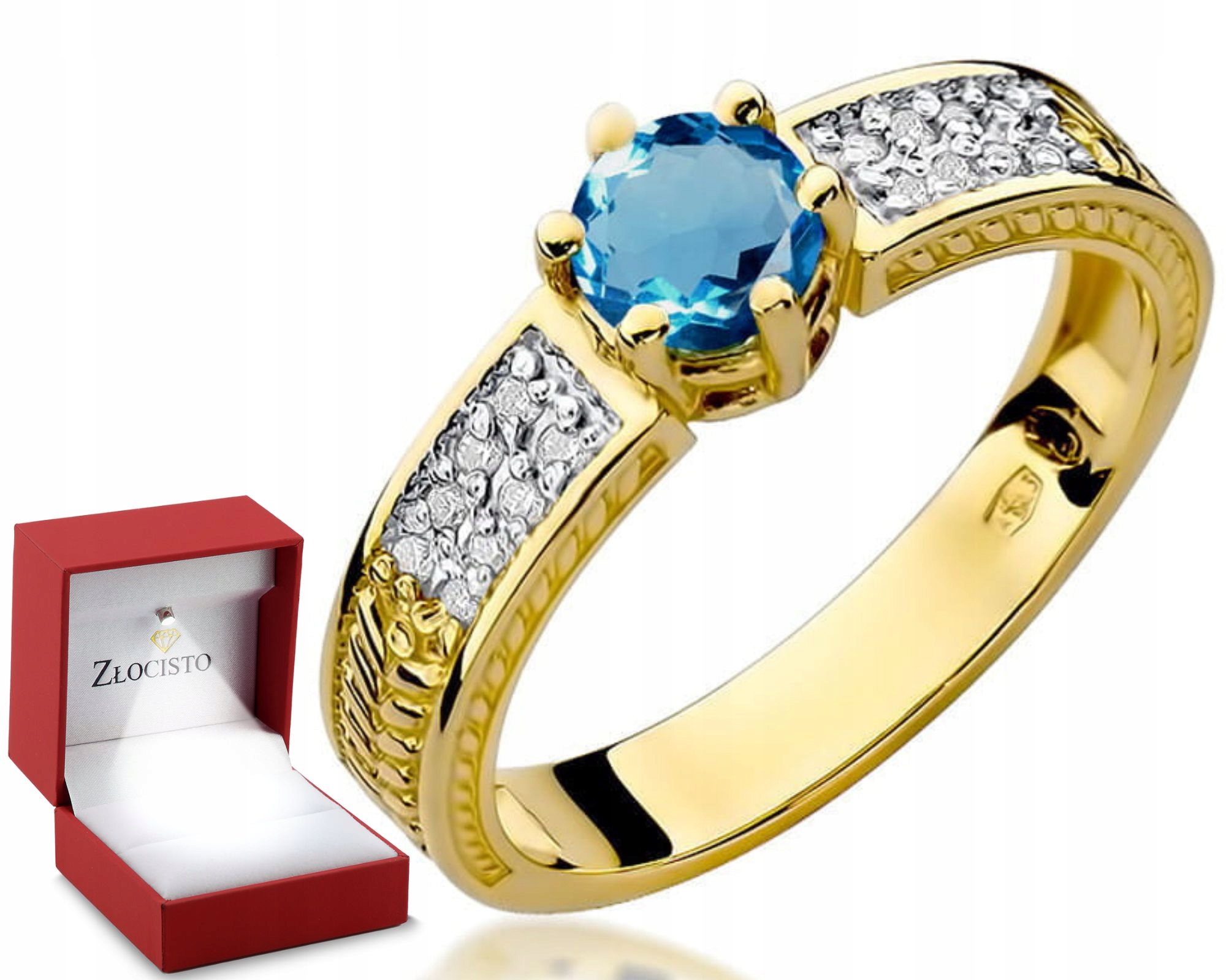 Złoty Pierścionek Z Topazem London Blue Grawer 585