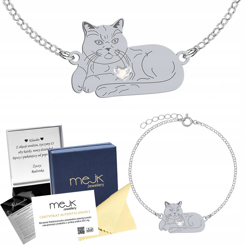 Stříbrný náramek Britská kočka krátkosrstá 925 Řetízek Dárek Gravírování