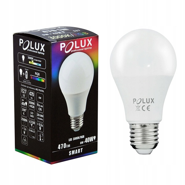 

Żarówka Led A60 E27 6W 470lm 3000K+RGB Smart Polux