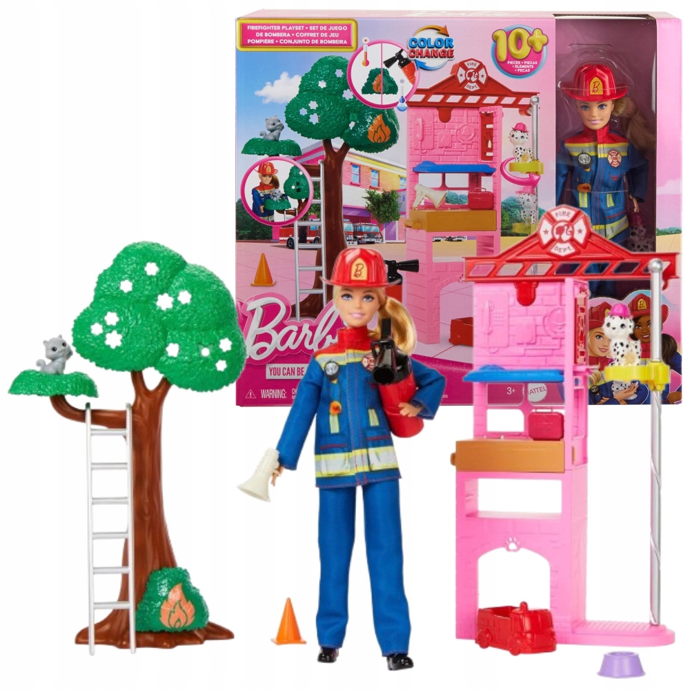 BARBIE LALKA STRAŻACZKA ZESTAW REMIZA STAŻACKA FIGURKA PIESKA DODATKI HRG55