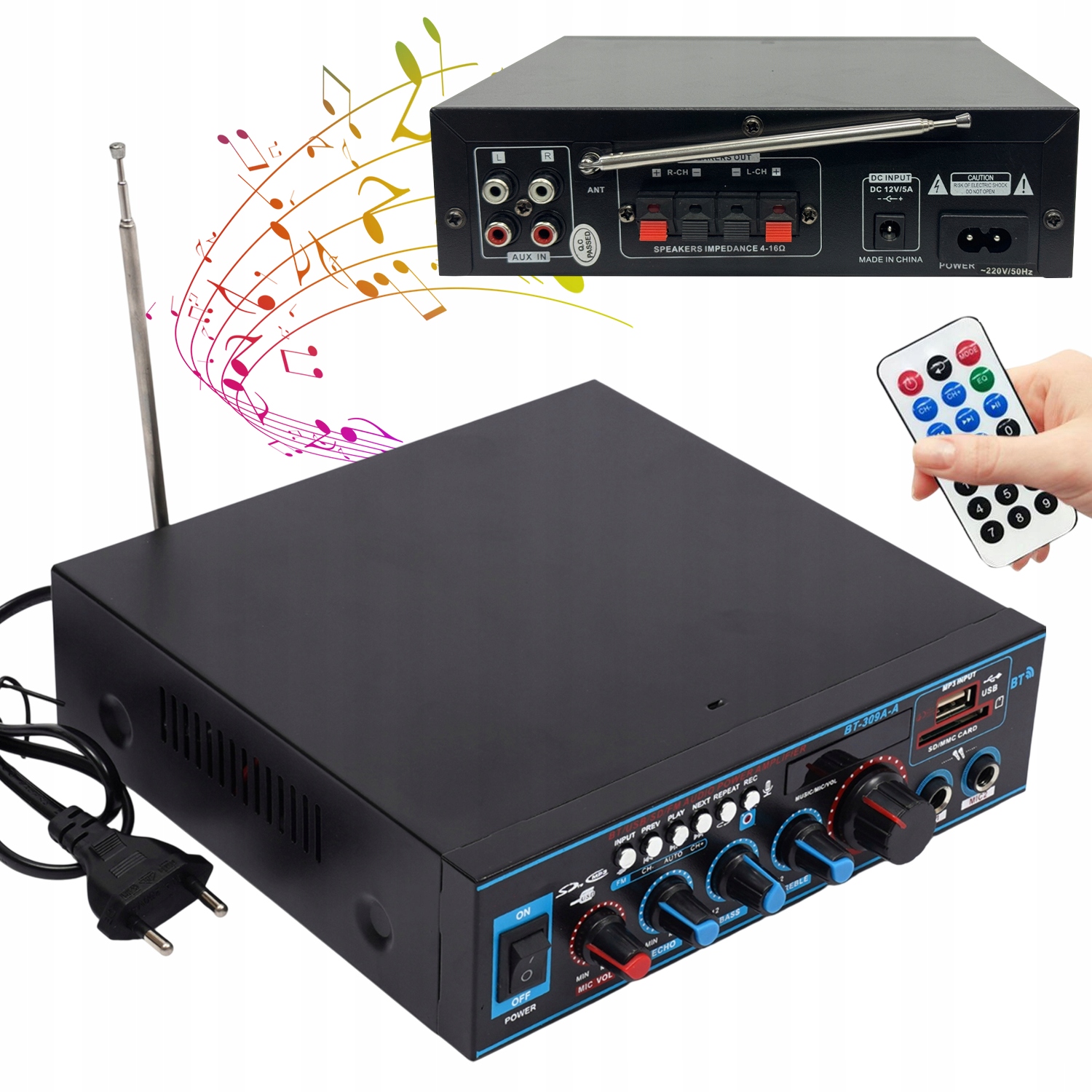 MINI WZMACNIACZ HiFi BT-309A BLUETOOTH SD USB STEREO RADIO FM 220V + PILOT