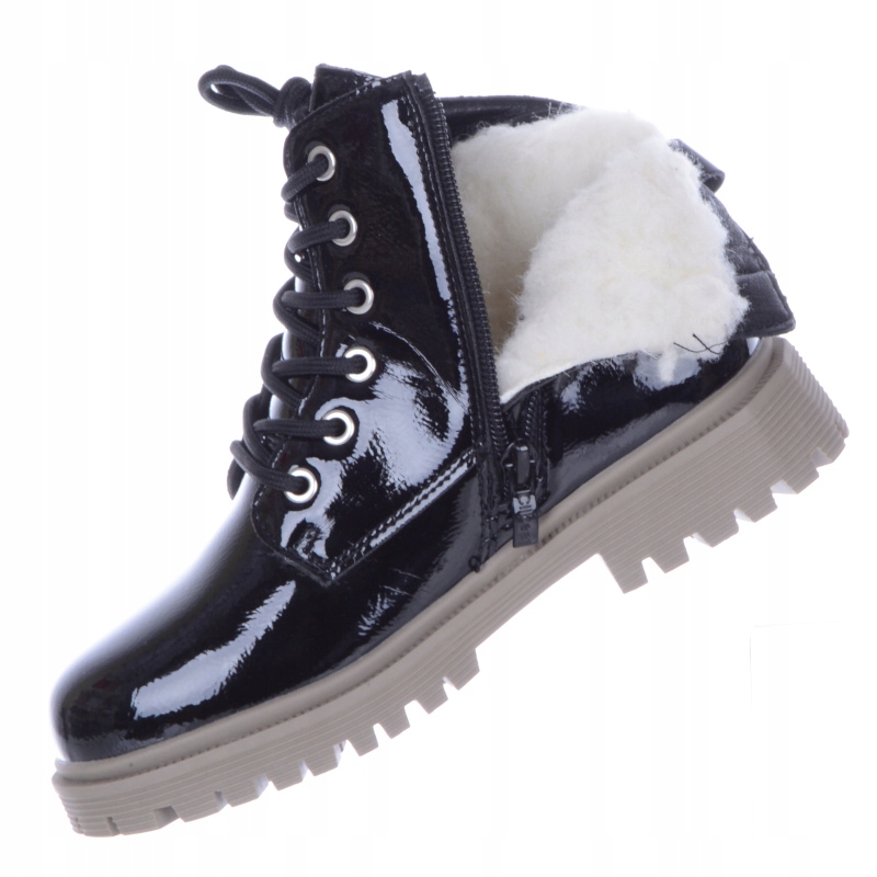 Czarne Lakierowane Ocieplane Dziewczęce Botki Kozaczki Wiązane z Ozdobą 31 Marka Clibee