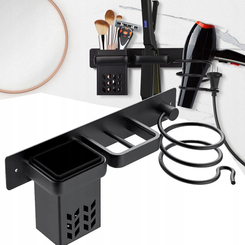 Nástěnný držák na vysoušeč vlasů Držák na žehličku S Poličkou Černý