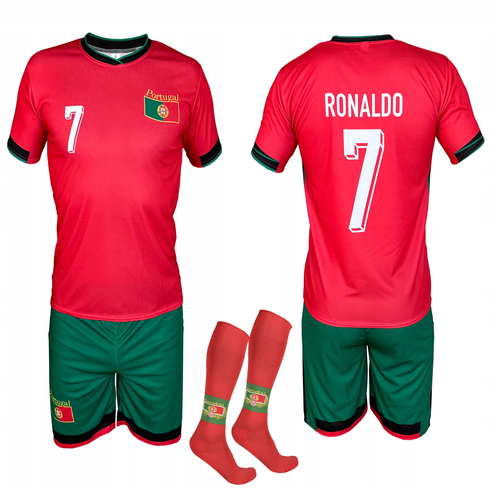 Ronaldo Portugalia strój komplet piłkarski koszulka spodenki getry 146