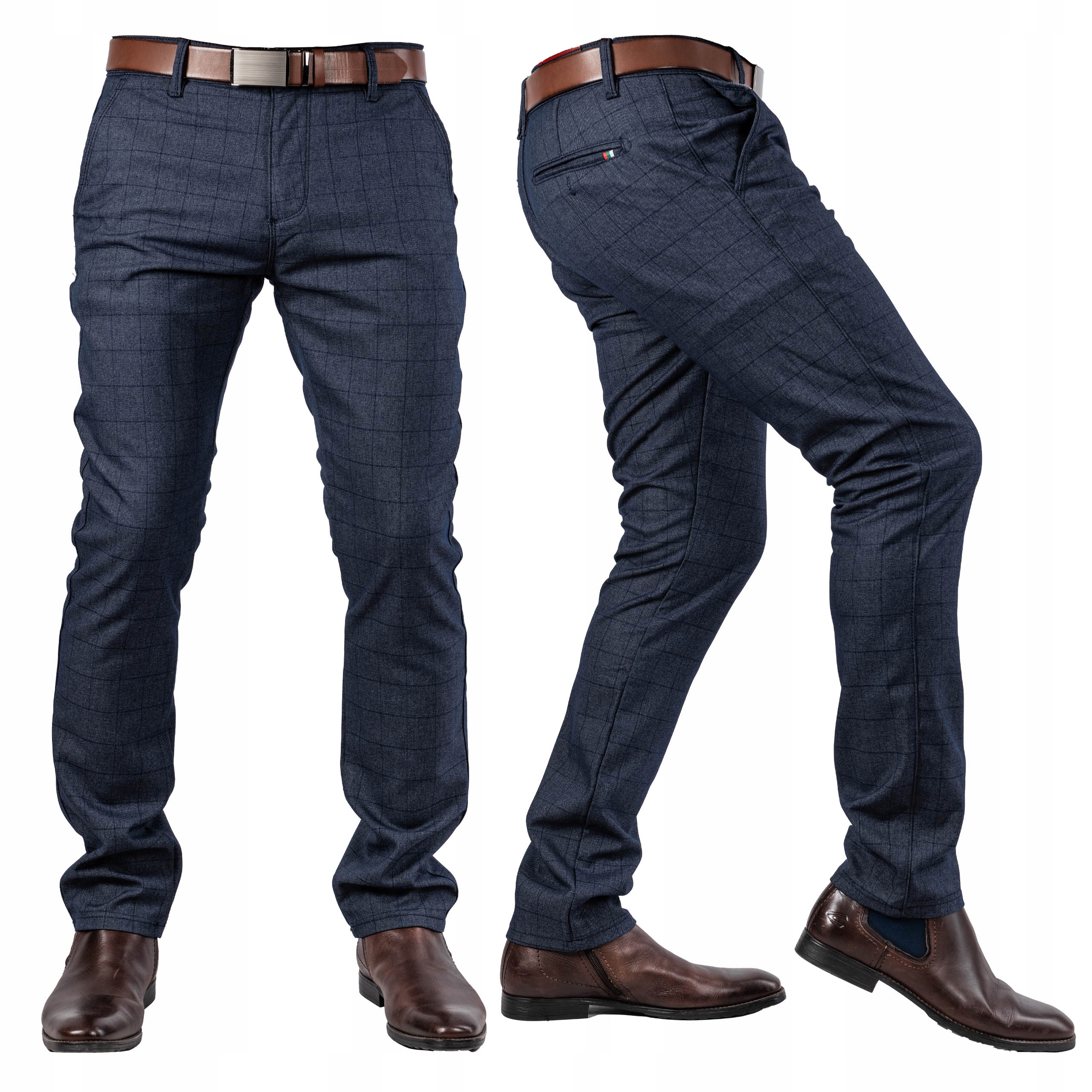 Pánské elegantní kalhoty Tmavě Modré Chinosy s kostkovaným vzorem Salid, velikost vel.