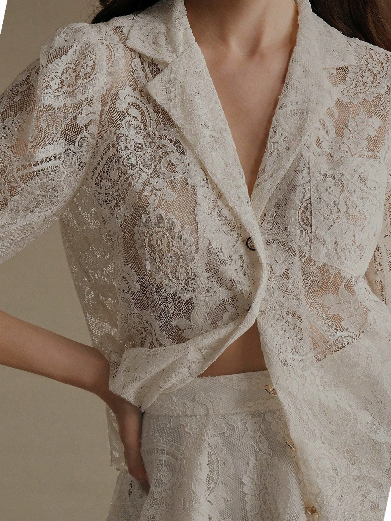Elegantní komplet Transparentní Krajkový Krémový Stylový Anewsta L 40