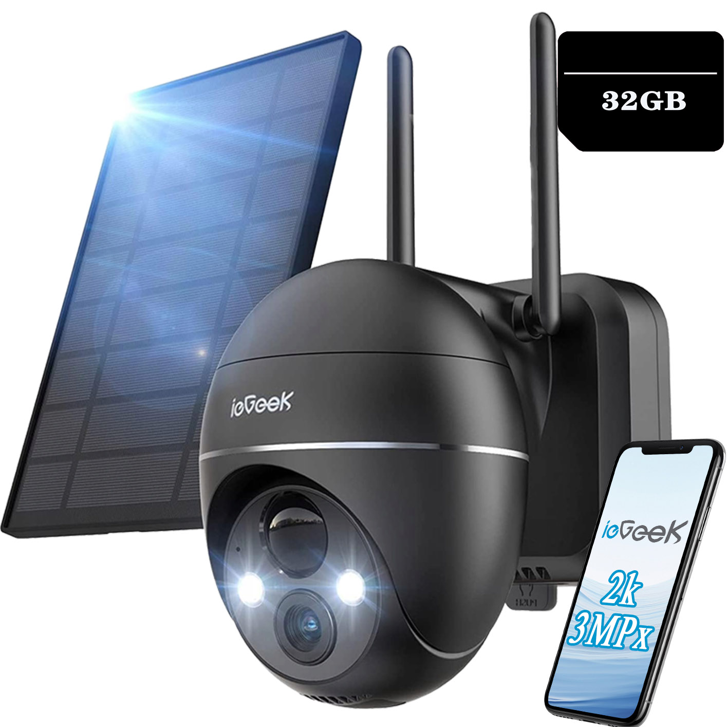 Solární Venkovní Kamera 2K Wifi Otočná 3MPX 4X Zoom Pir 9000MAH 32GB Sd