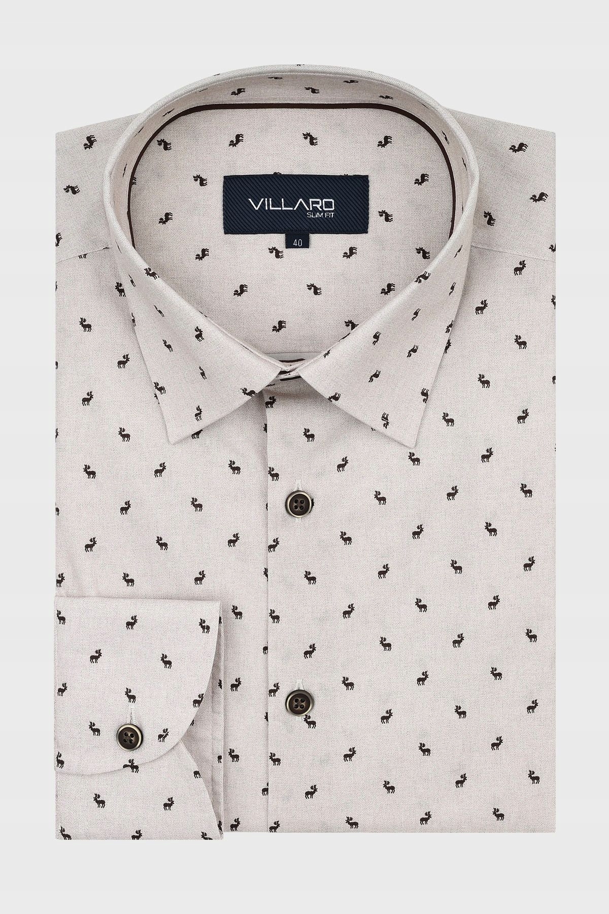 Béžová pánská košile s vzorem jedle a sobů 41-176/182 Slim Fit