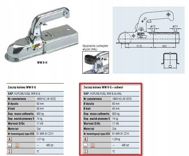 Zaczep kulowy do przyczepy WINTERHOFF 800kg na dyszel kwadratowy 60mm Stan opakowania oryginalne