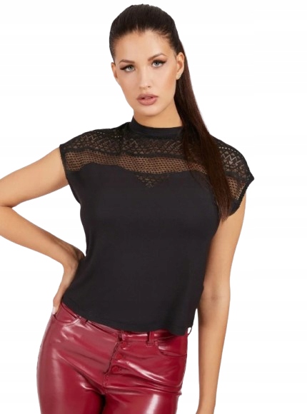 Guess Černá Halenka S Ažurovým Výstřihem A Krátkým Rukávem 44 Gxe