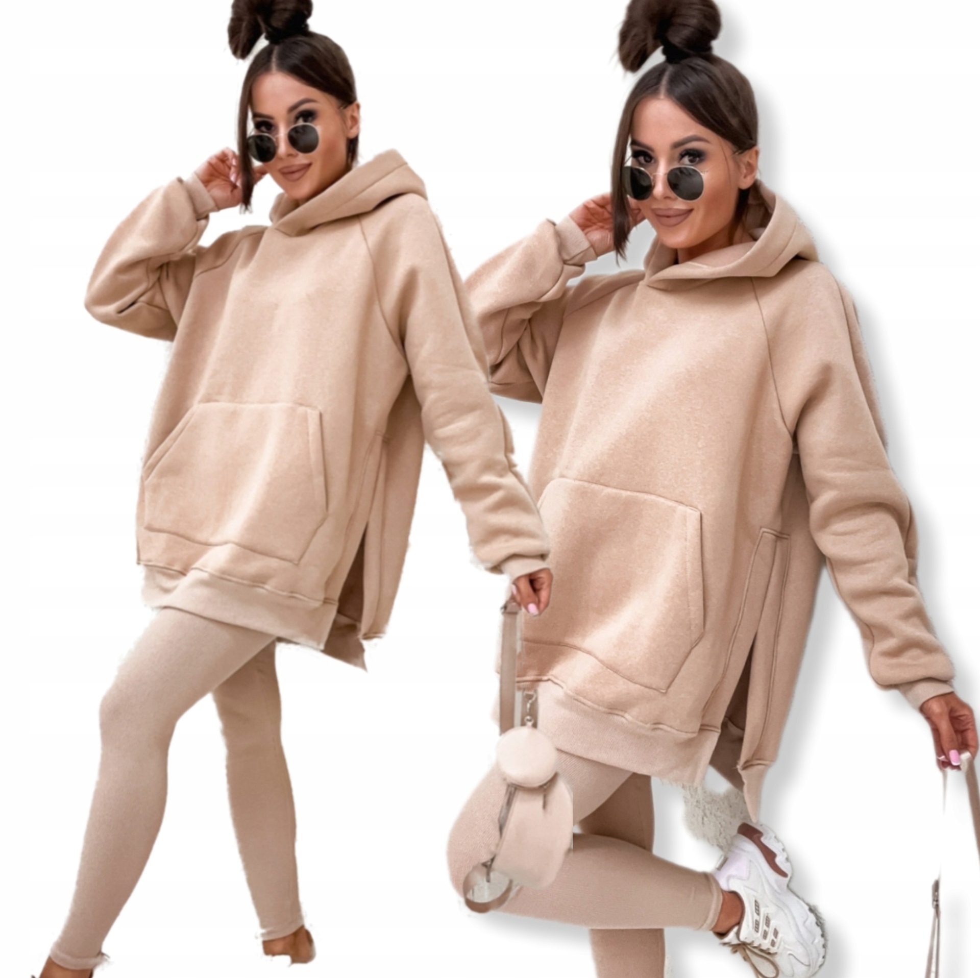 Komplet Dresowy Ocieplany Długa Bluza Z Rozcięciami Legginsy Beż Uni