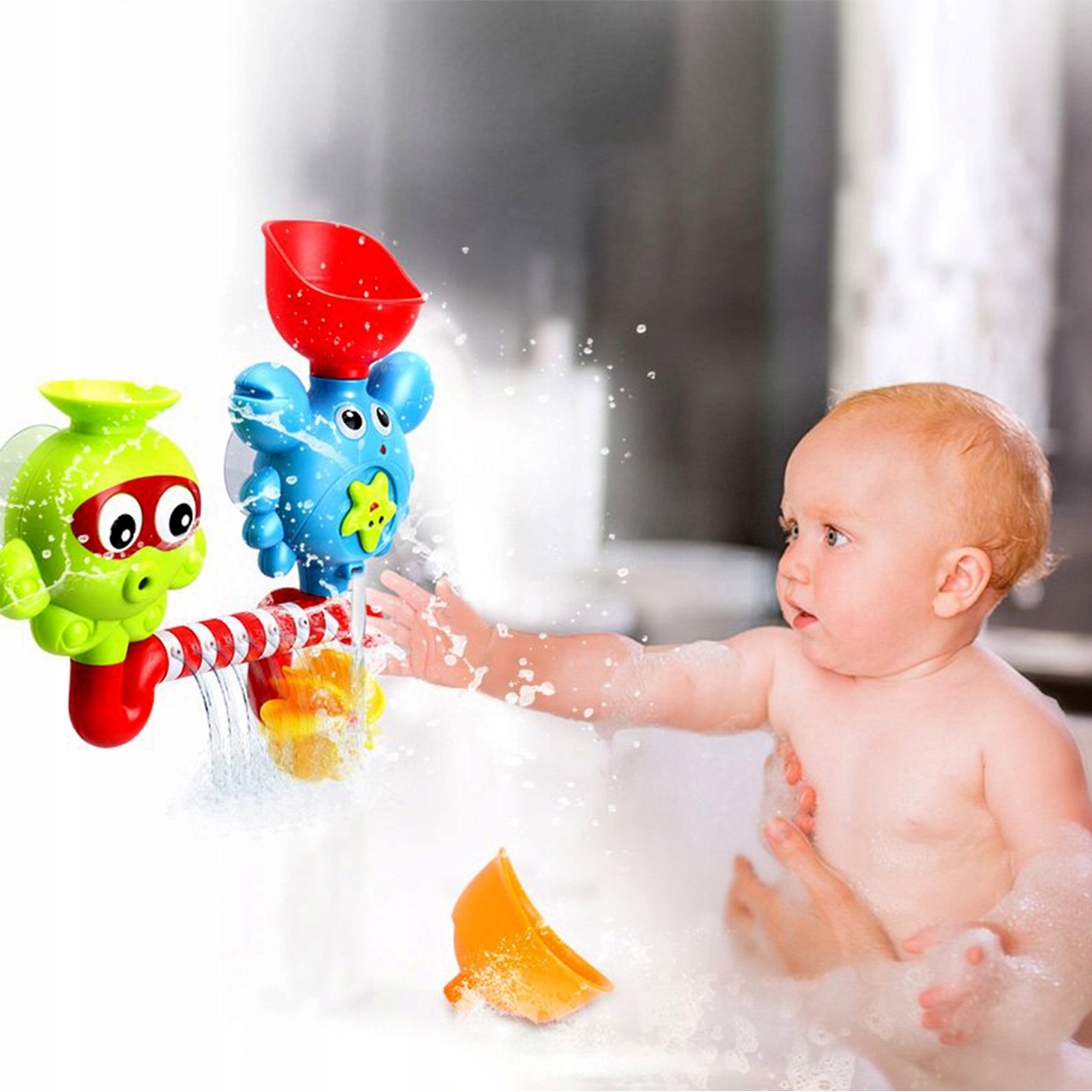 OŚMIORNICZKA I KRAB FONTANNA PRZELEWOWA ZABAWKA DO KĄPIELI WANNY WODY Materiał plastik