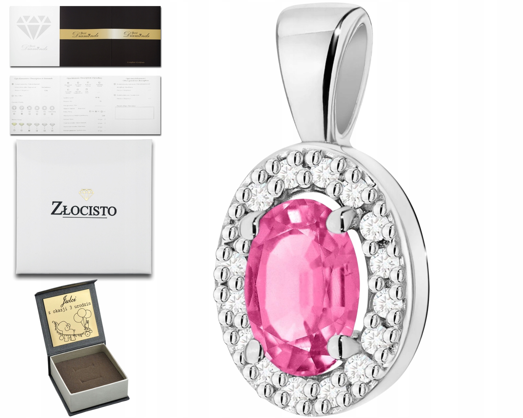 Bílý Zlatý Přívěsek S Růžovým Topazem A Diamantem Ve Zlaté Ryzosti 585