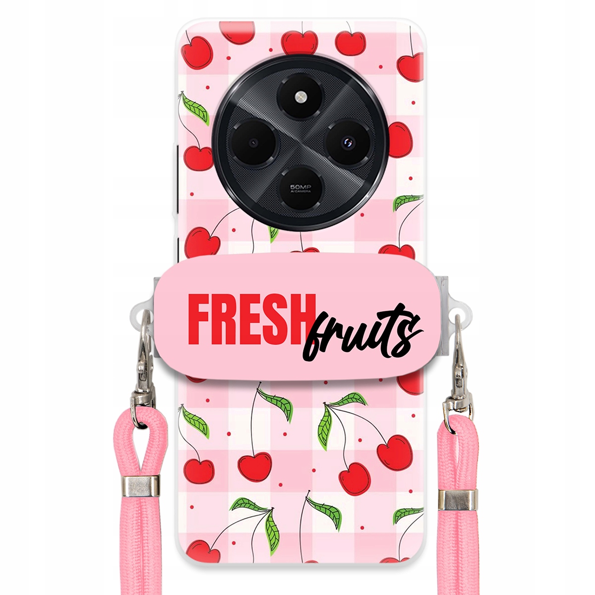 Puzdro pre Xiaomi Redmi 14C 4G Case Držiak šnúrok Ružový Fresh Fruits Mriežka