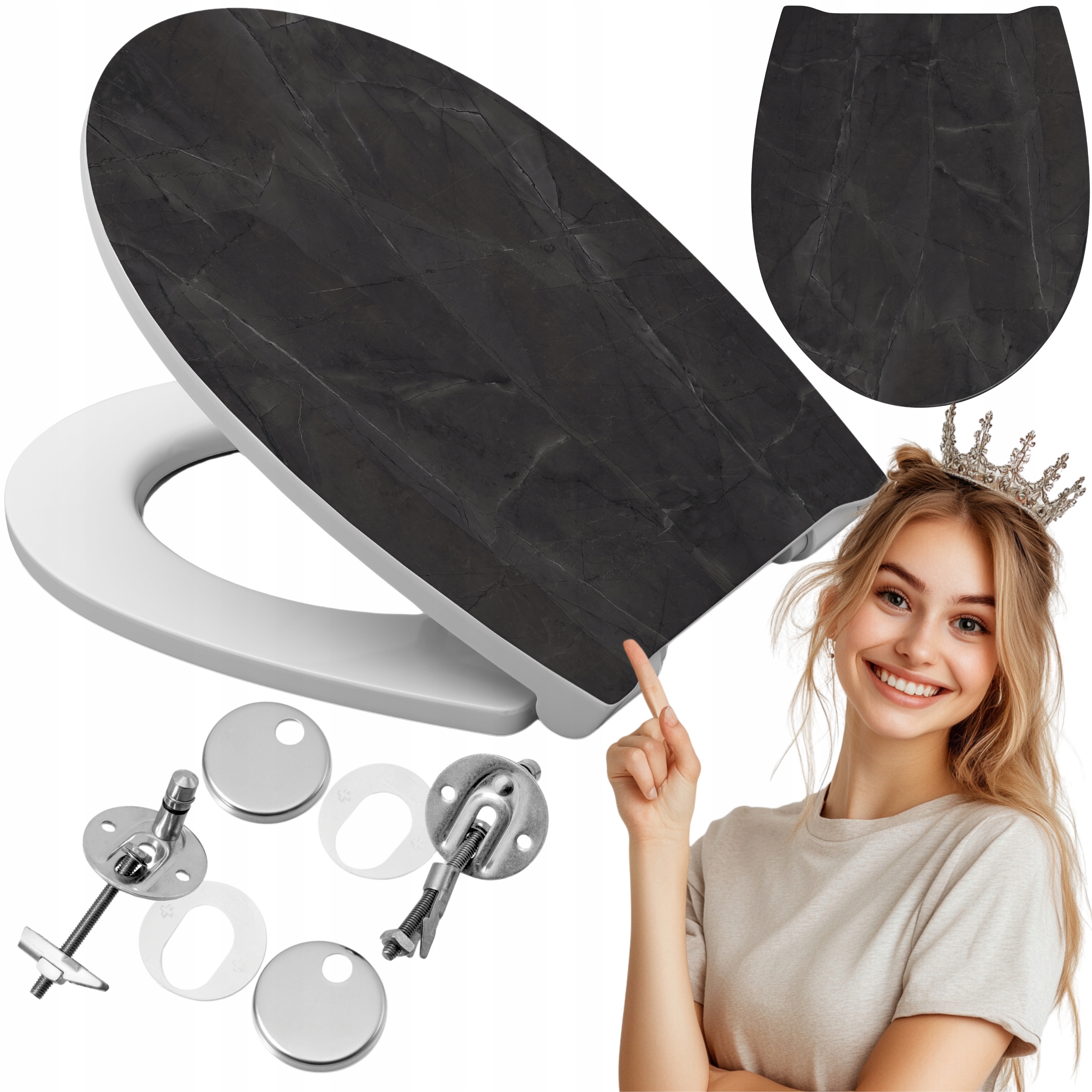 Wc sedátko s pomalým sklápěním, nastavitelné, šedý mramor grafit, univerzální