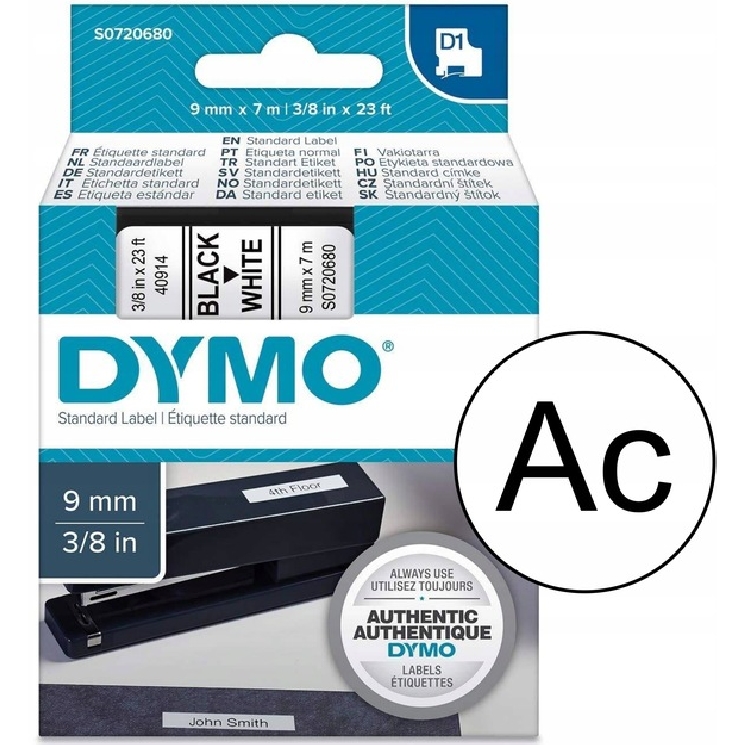 TAŚMA 9MM 7M BIAŁA CZARNY DRUK S0720680 DYMO