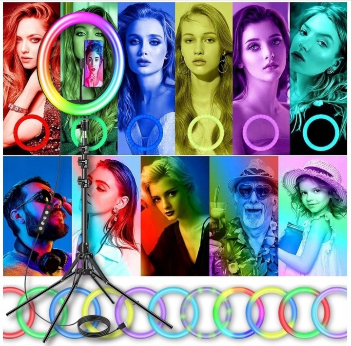 LAMPA PIERŚCIENIOWA DUŻA RGB LED ZE STATYWEM 220cm SELFIE MAKIJAŻ Premium Model Rivoni