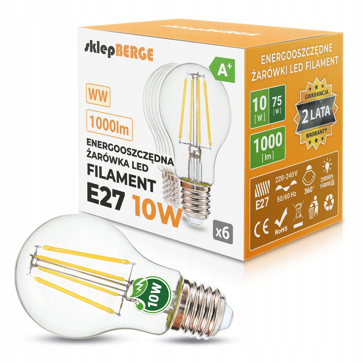 

6x Żarówka Led E27 10W filament edison ozdobna