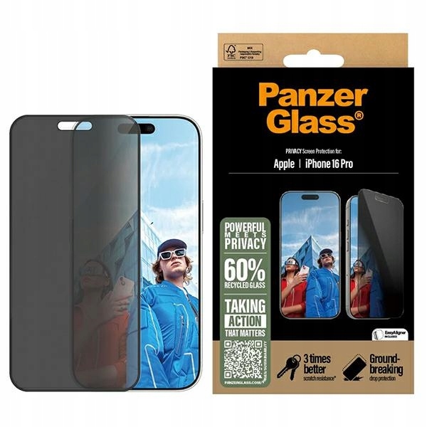 PanzerGlass Ochranné sklo s filtrem soukromí pro iPhone 16 Pro 6.3" Ultra-Wide Fit P2862