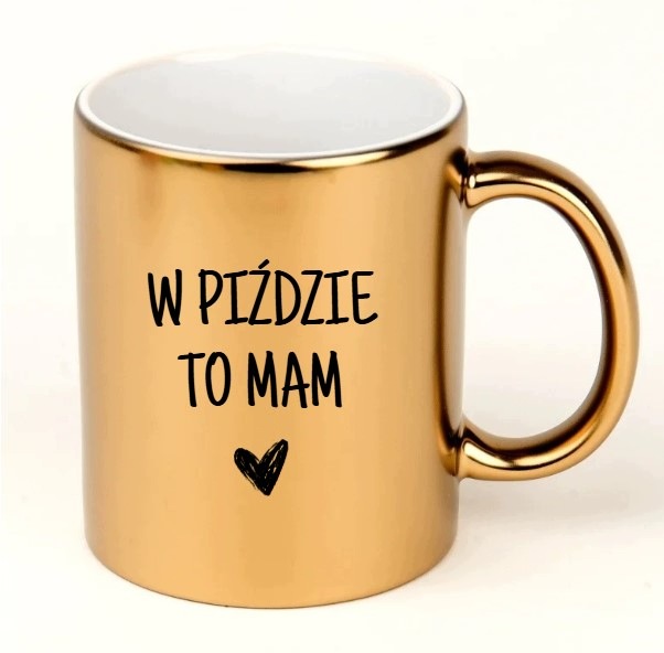 Zlatý zrcadlový hrnek s nápisem v lístku mám karton