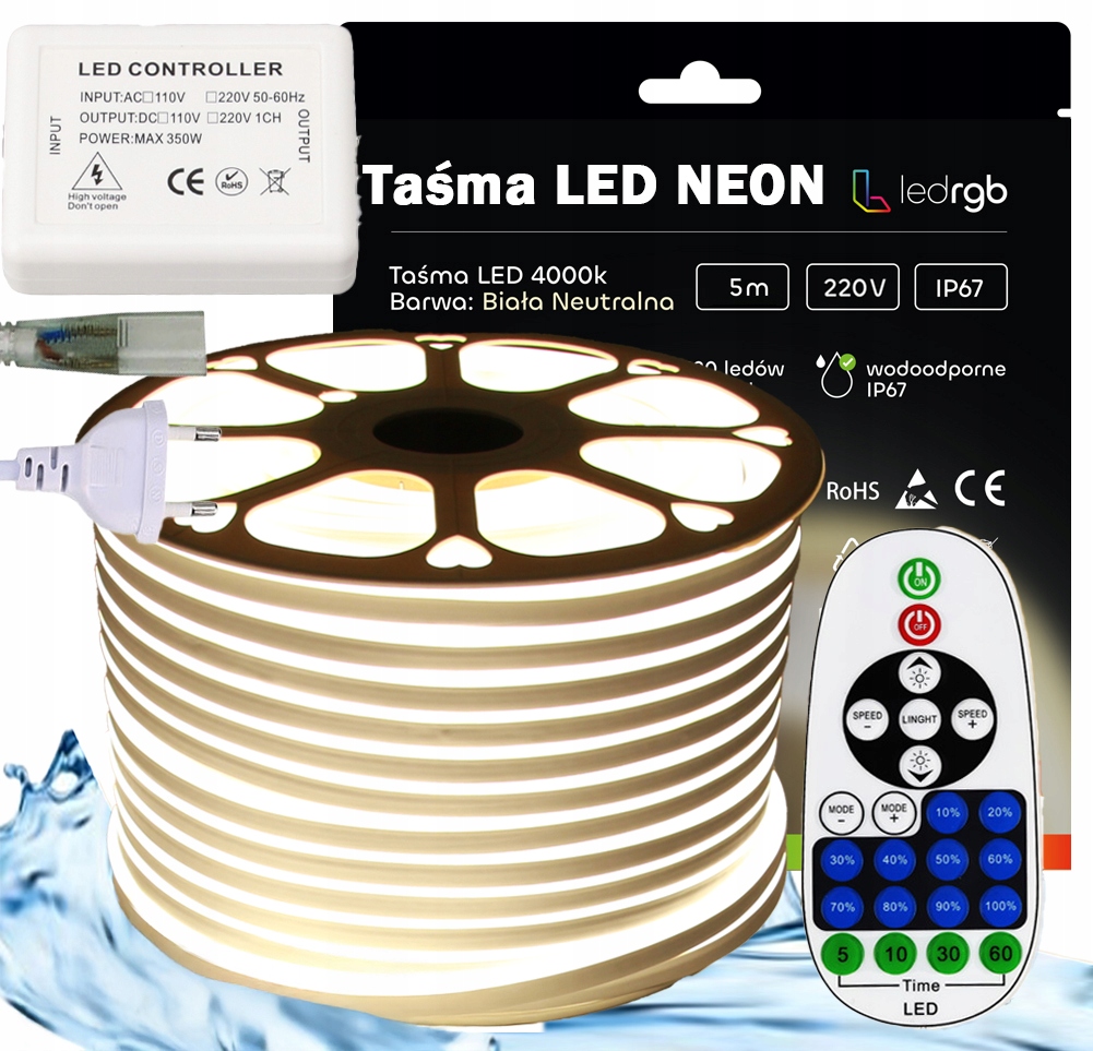 Set Led pásek Neon 230V 5 m 4000K Bílý Neutrální Ovladač Dálkový Ovladač 23 Ir