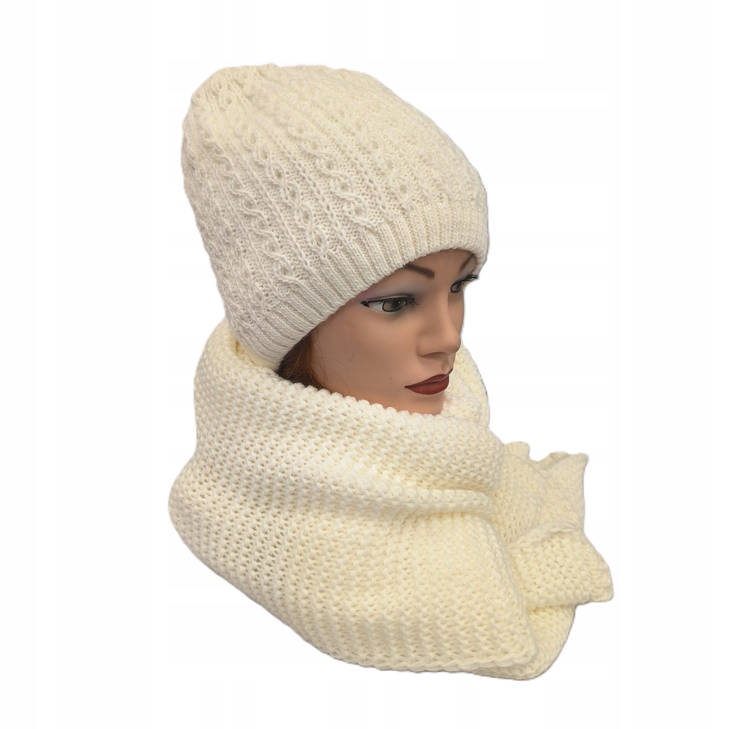 Bílá dámská sada čepice vlněné zimní teplé s polský fleecem