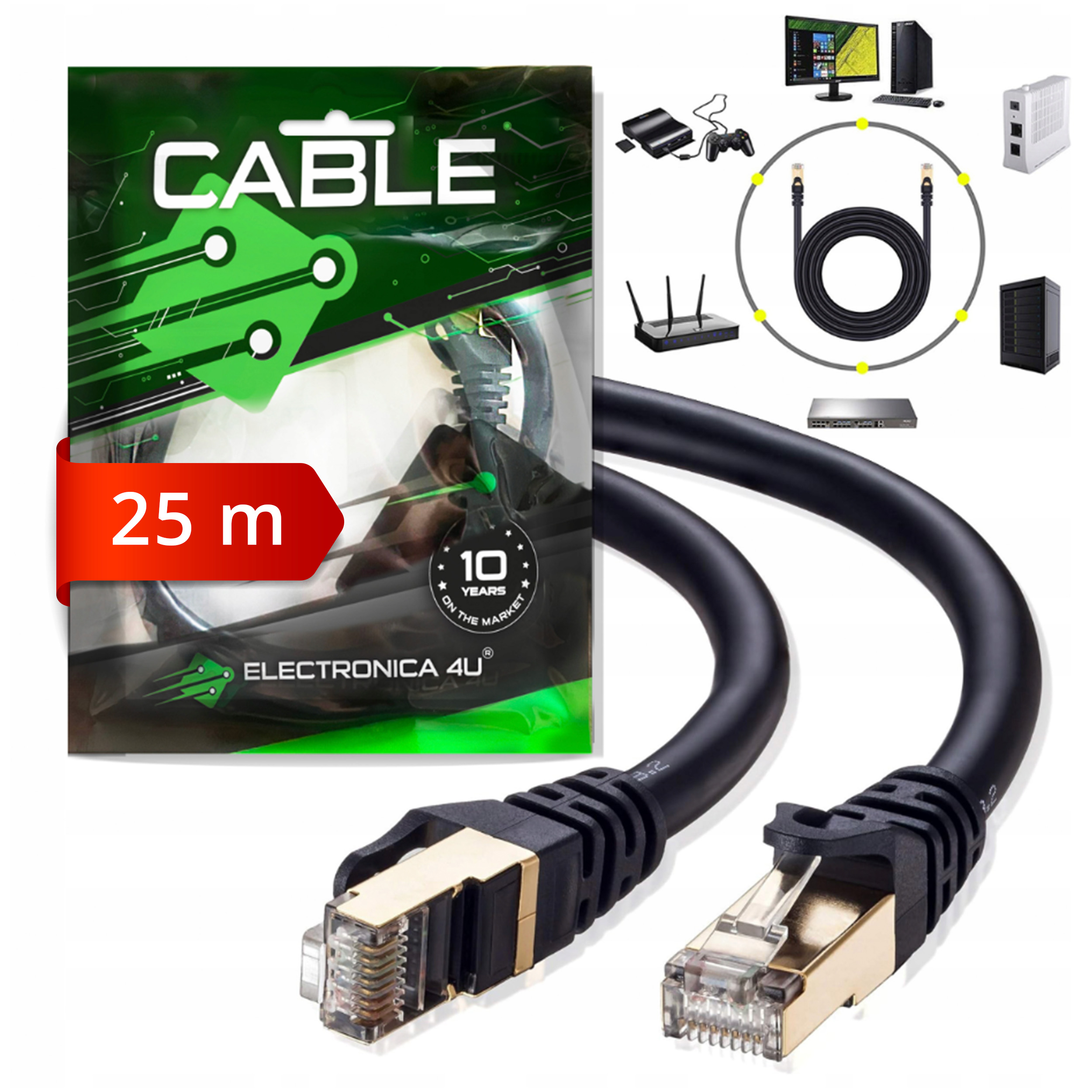 Kabel sieciowy Ethernet RJ45 Cat7 kat 7 AWG26 10 Gb/s 600MHz 25m