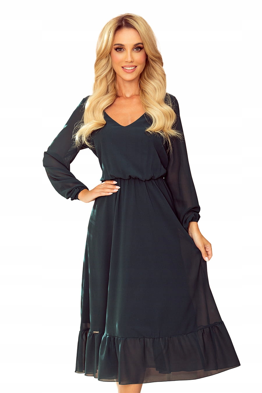 

Elegancka sukienka midi falbana wesele komunia