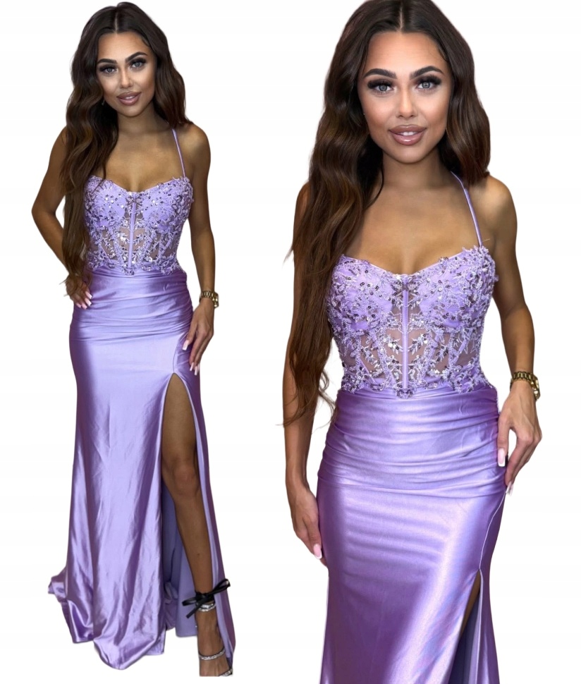 Sanja levandule dlouhá saténová šaty rybka s rozparkem na svatební hostina ples L