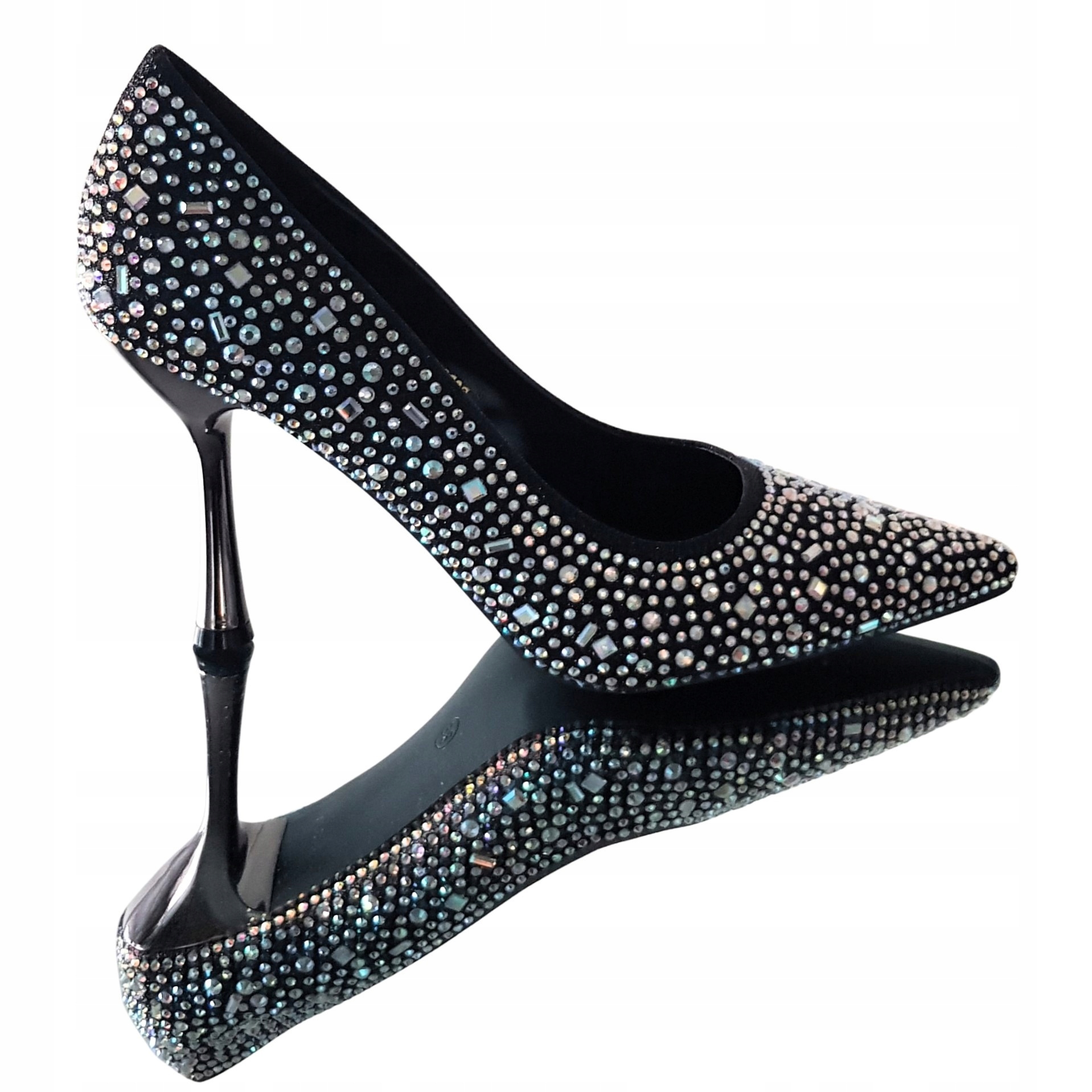 Czarne Buty Czółenka Lustrzane 9 Cm Szpilki Glamour Brokat Cyrkonie 37