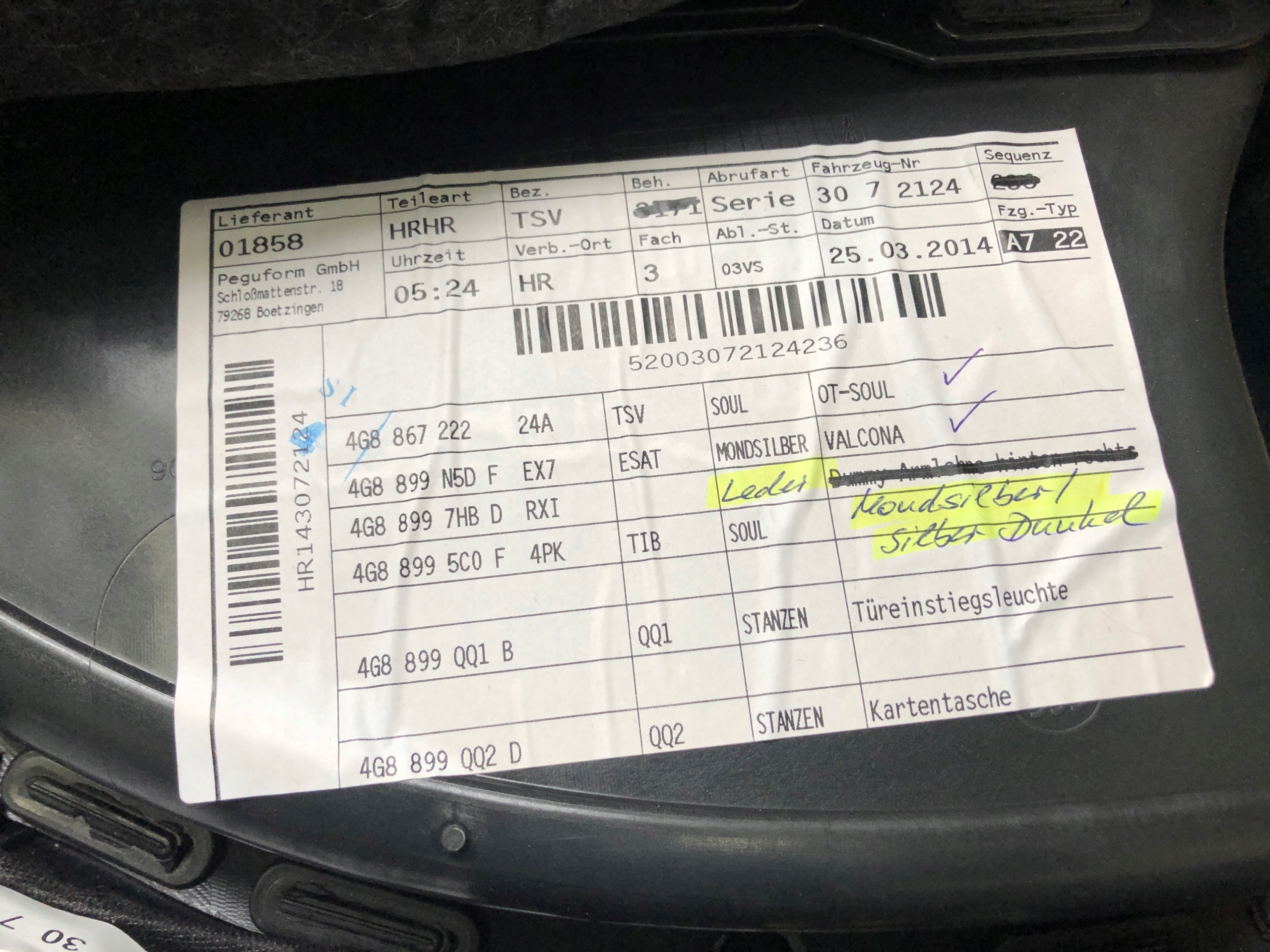 AUDI A7 upholstery side door right rear part leather