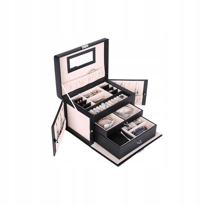 Šperkovnica so zrkadlom, čierna, dvojúrovňová 26x18x17cm