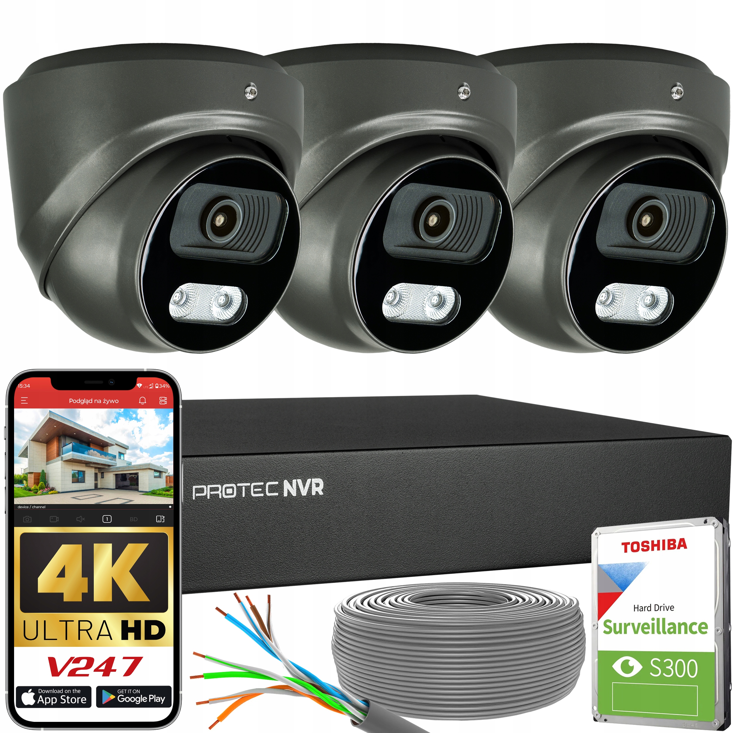 Sada 3 kamer Grafitové Ip 8MP 4K Poe Detekce lidí a vozidel Hdd 1TB