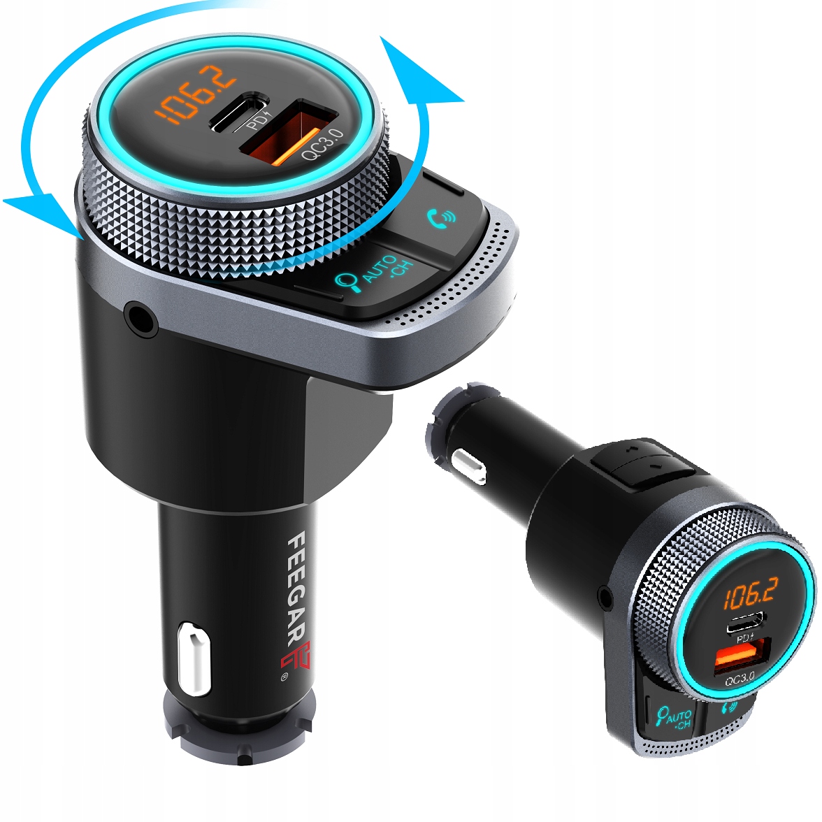 Feegar Bluetooth Fm vysílač Rychlá nabíječka Qc 3.0 Pd 38W Aux MP3 Audio