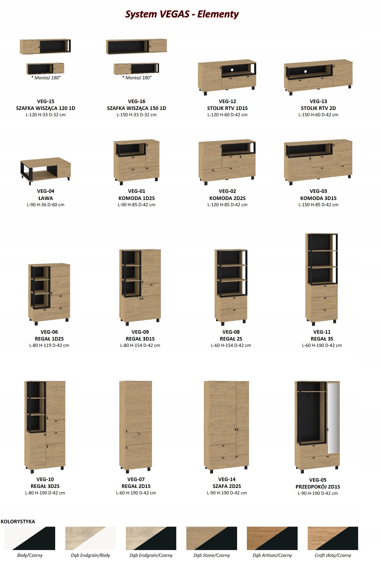 Meble VEGAS M2 ZESTAW do salonu dąb białe czarne Kolor frontów czarny