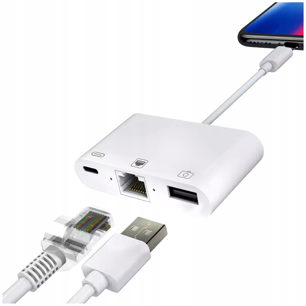 Przejściówka Adapter 3w1 USB-C do LAN / USB A / USB C do smartfona laptopa