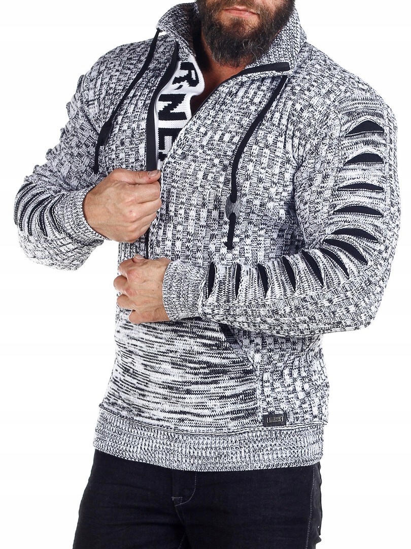 SWETER MĘSKI GRUBY GOLF ROZPINANY STÓJKA SZARY - L