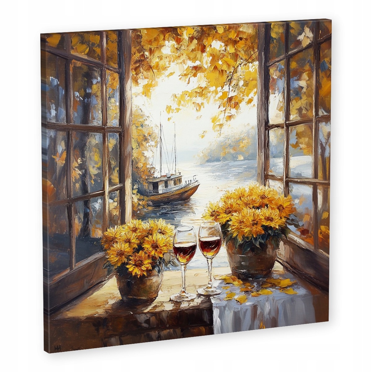 Obraz Na Plátně Plátně Okno Loď Loďské Víno Květiny Chryzantémy 50x50